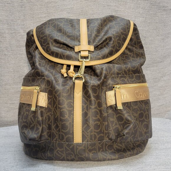 Calvin Klein Backpack Monogram Logo CK Print Drawstring Flap Bag - Picture 1 of 11